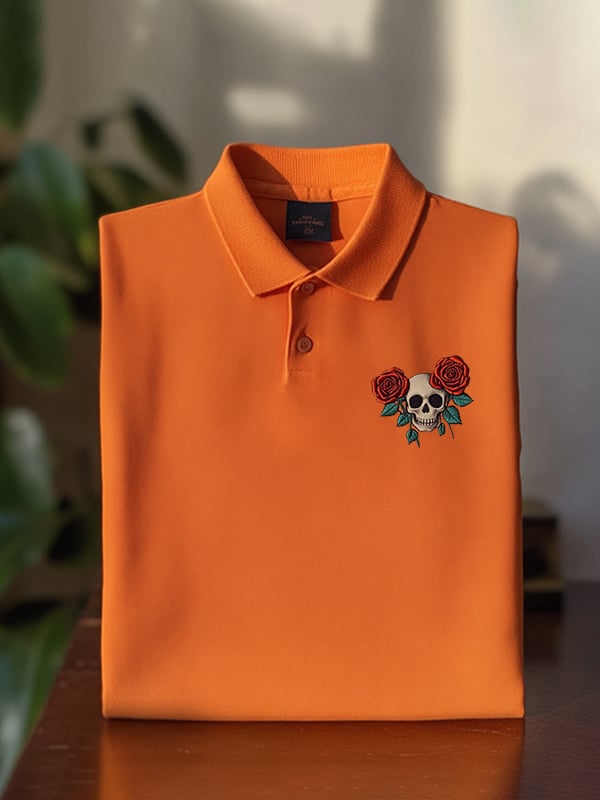 Men's Classic Business Skull Rose Logo Short Sleeve Polo Shirt