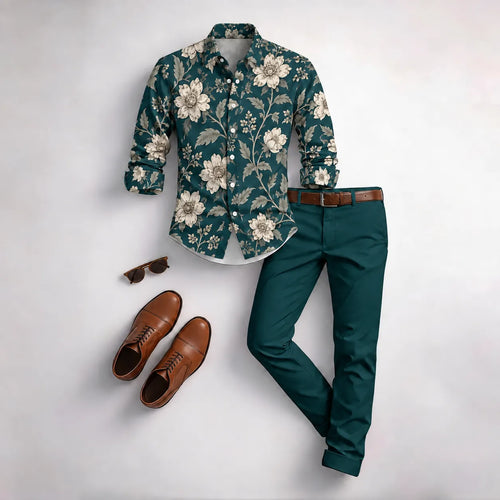 Men's Vintage Floral Print Long-Sleeve Shirt and Pants Set