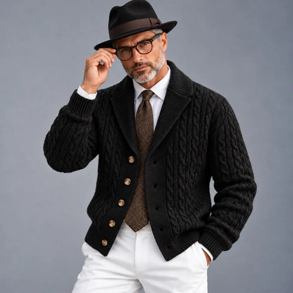 Men's Solid Color Cable Knit Shawl Lapel Single Breasted Knitted Cardigan