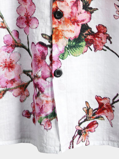 Men's Flower Print Cotton Hawaiian Floral Button Short Sleeve Shirt