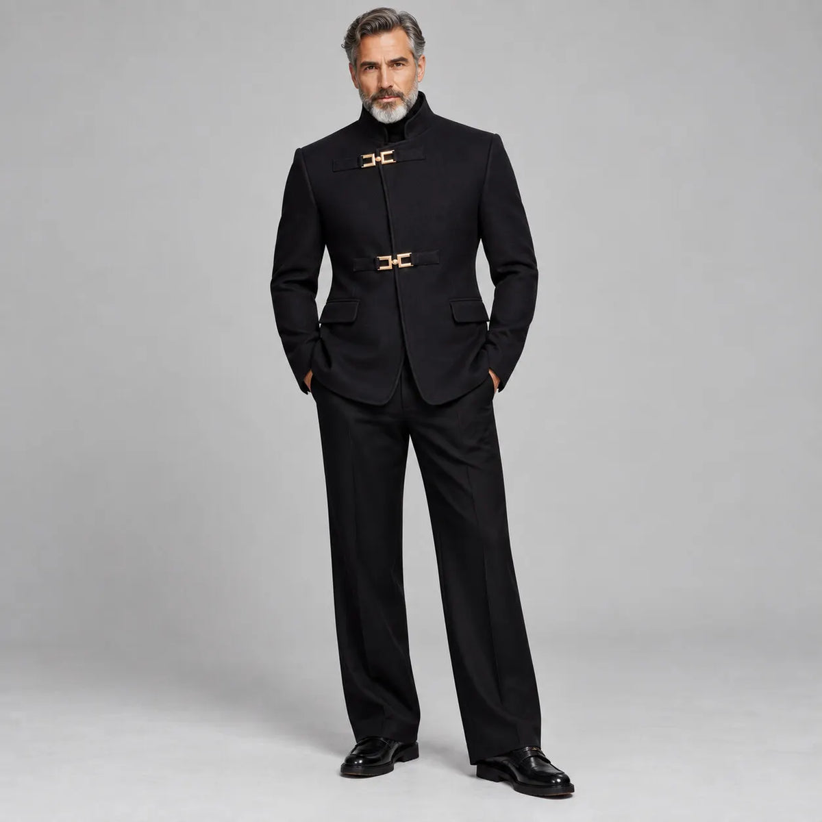 Men's Black Stand Collar Gold Metal Buckle Slim Fit Semi Formal Jacket