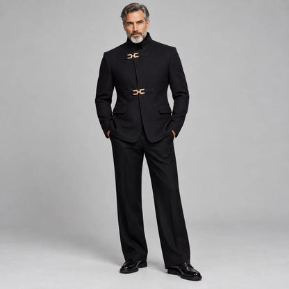 Men's Black Stand Collar Gold Metal Buckle Slim Fit Semi Formal Jacket