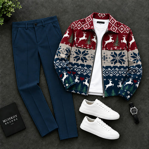 Men's Fair Isle-Style Lapel Jacket and Pants Two-Piece Set