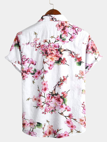 Men's Flower Print Cotton Hawaiian Floral Button Short Sleeve Shirt