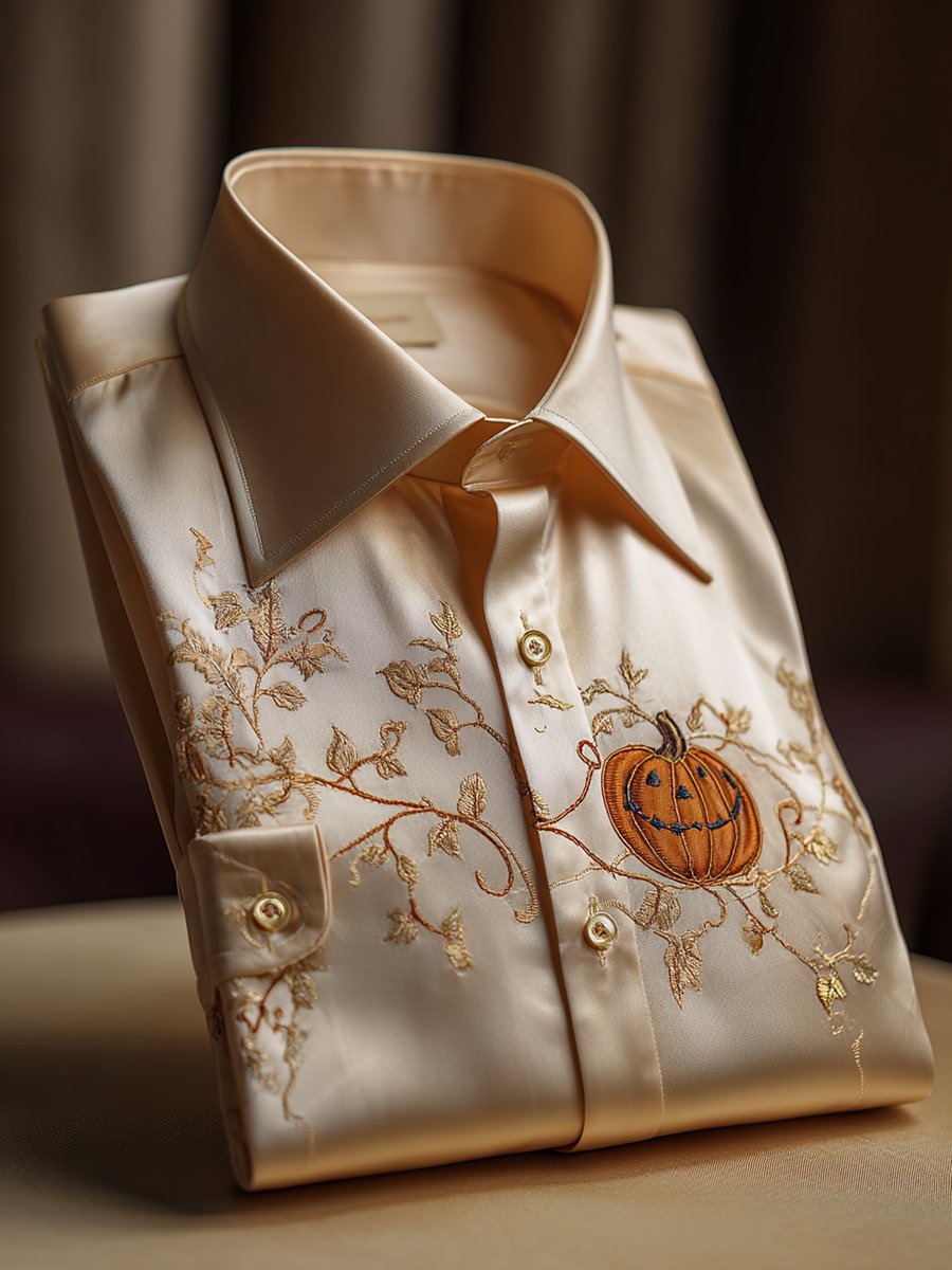 Men's Luxe Satin Halloween Pumpkin Long Sleeve Shirt