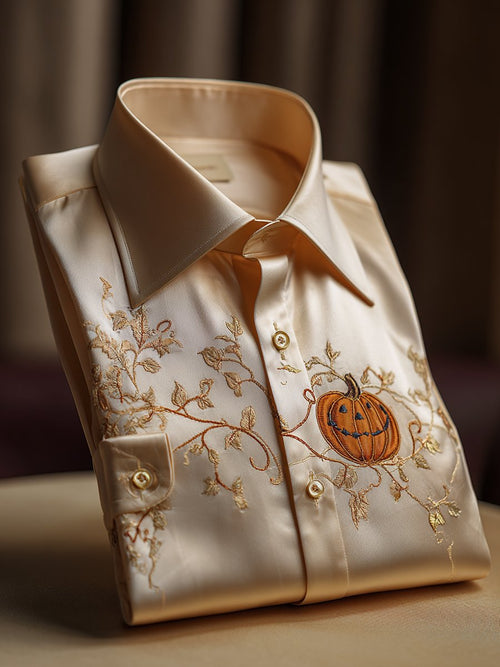 Men's Luxe Satin Halloween Pumpkin Long Sleeve Shirt