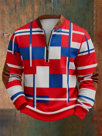 Men's Retro Bauhaus Geometric Style Print Quarter Zip Sweatshirt
