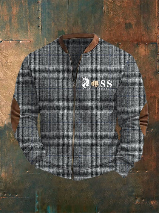 Men's Vintage Letter Design Printed Zipper Stand Collar Cardigan