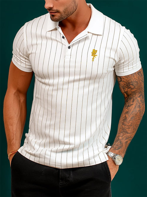 Men's Business Casual Striped Button Short Sleeve Polo Shirt