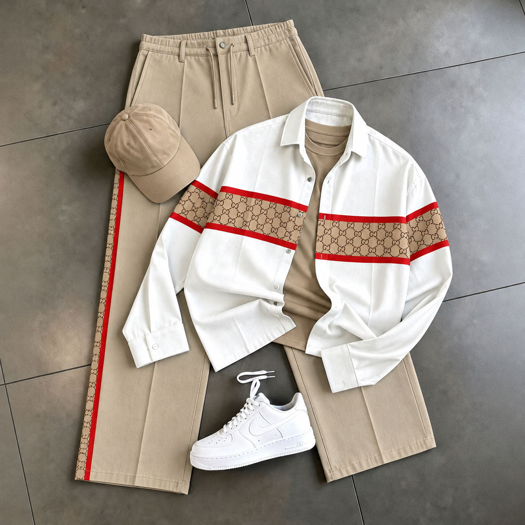 Men's Two-Piece Set: Geometric-Print Shirt and Pants