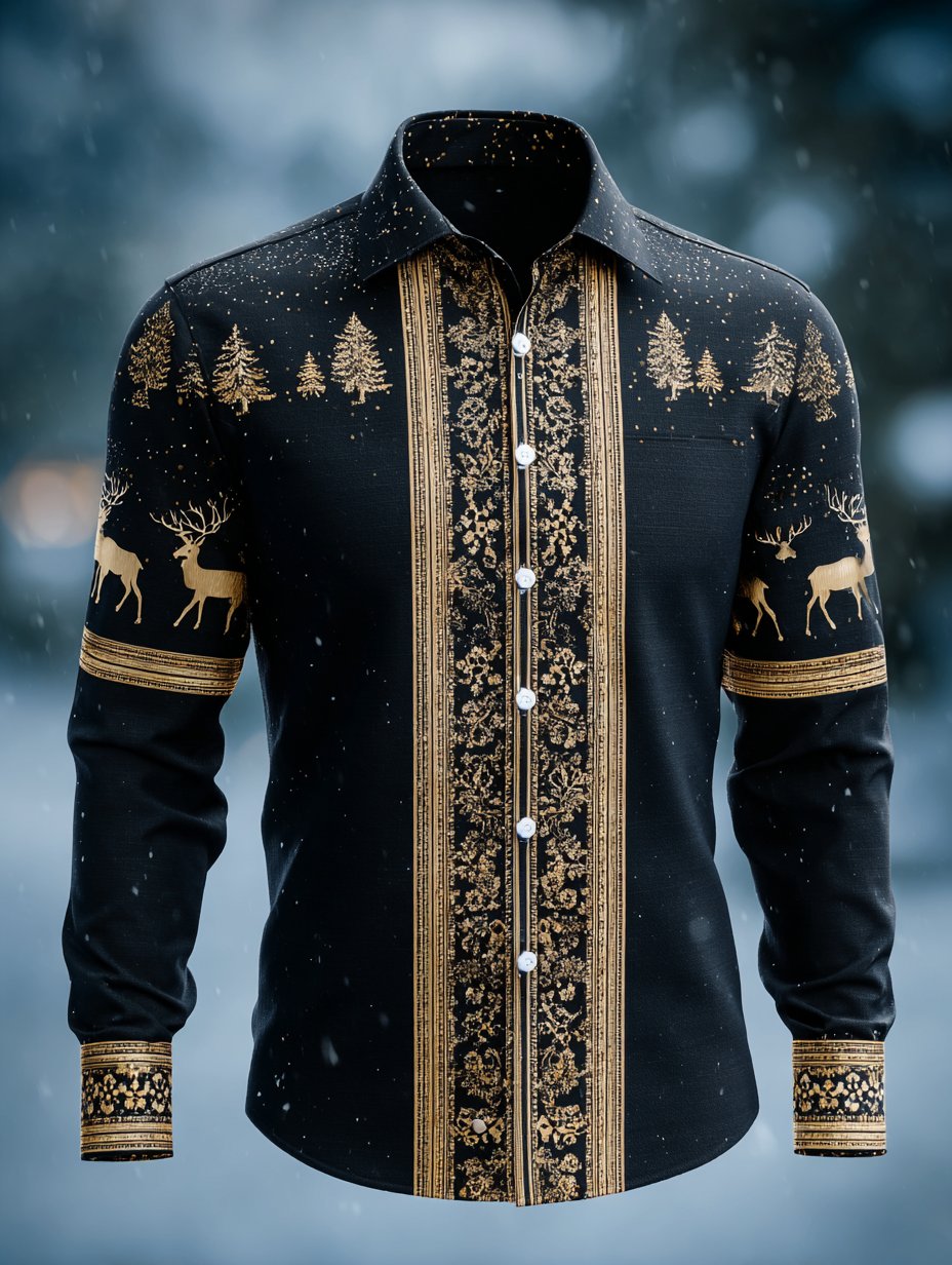 Men's Business Luxury Retro Christmas Elk Snowflake Long Sleeve Shirt