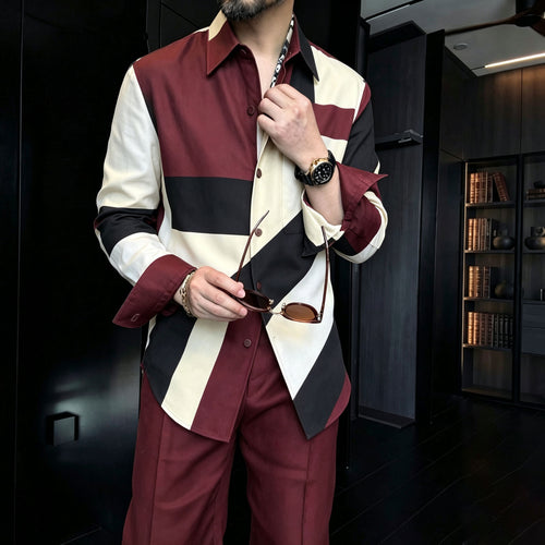 Men's Casual Asymmetrical Color-Block Print Lapel Long-Sleeve Shirt and Pants Two-Piece Set
