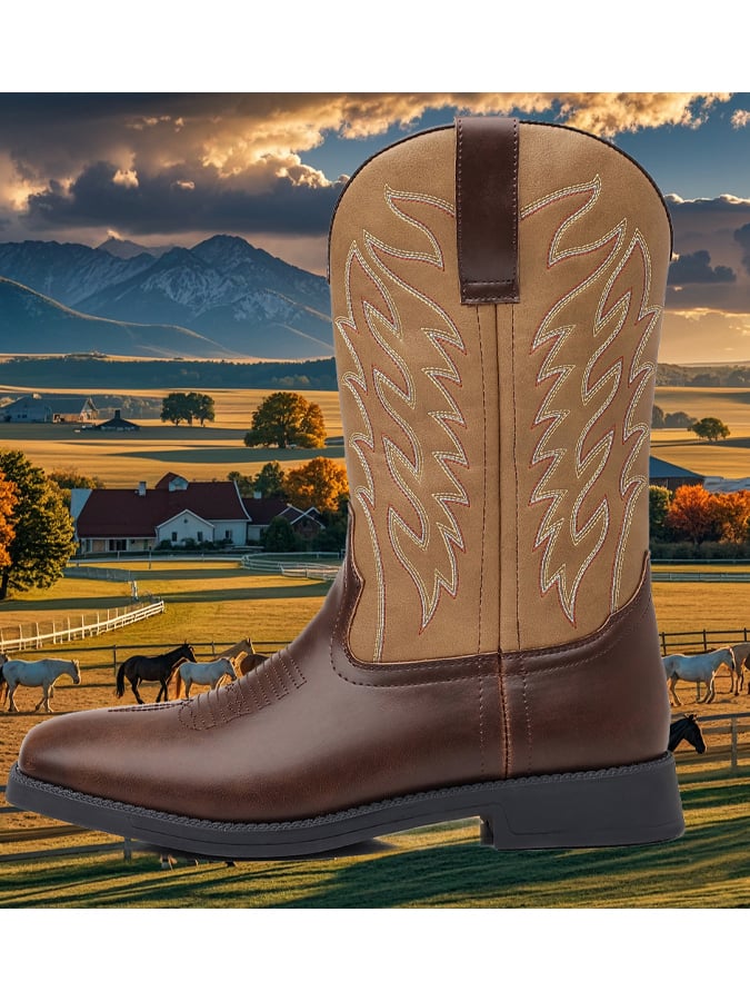 Men's High-Top Embroidered Vintage Wide-Toe Western Cowboy Boots