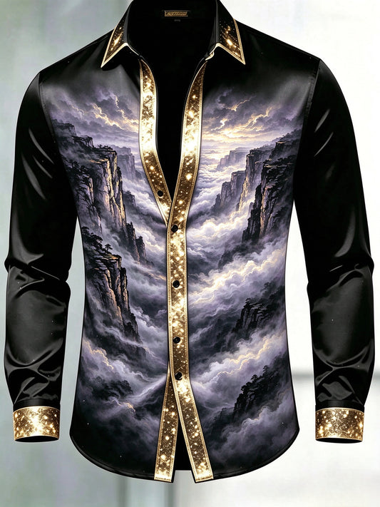 Men's Black & Gold Glitter Trim Cliff Cloud Mountain Dress Shirt