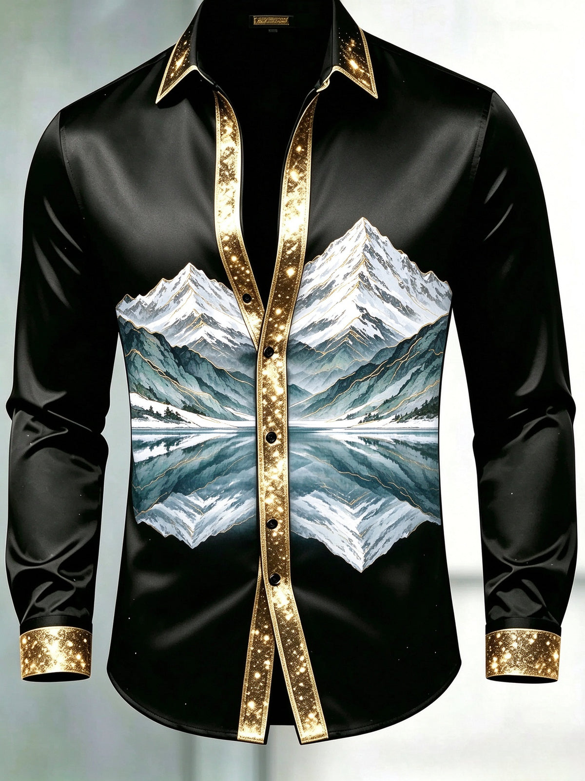 Men's Black & Gold Glitter Trim Snow Mountain Reflection Dress Shirt