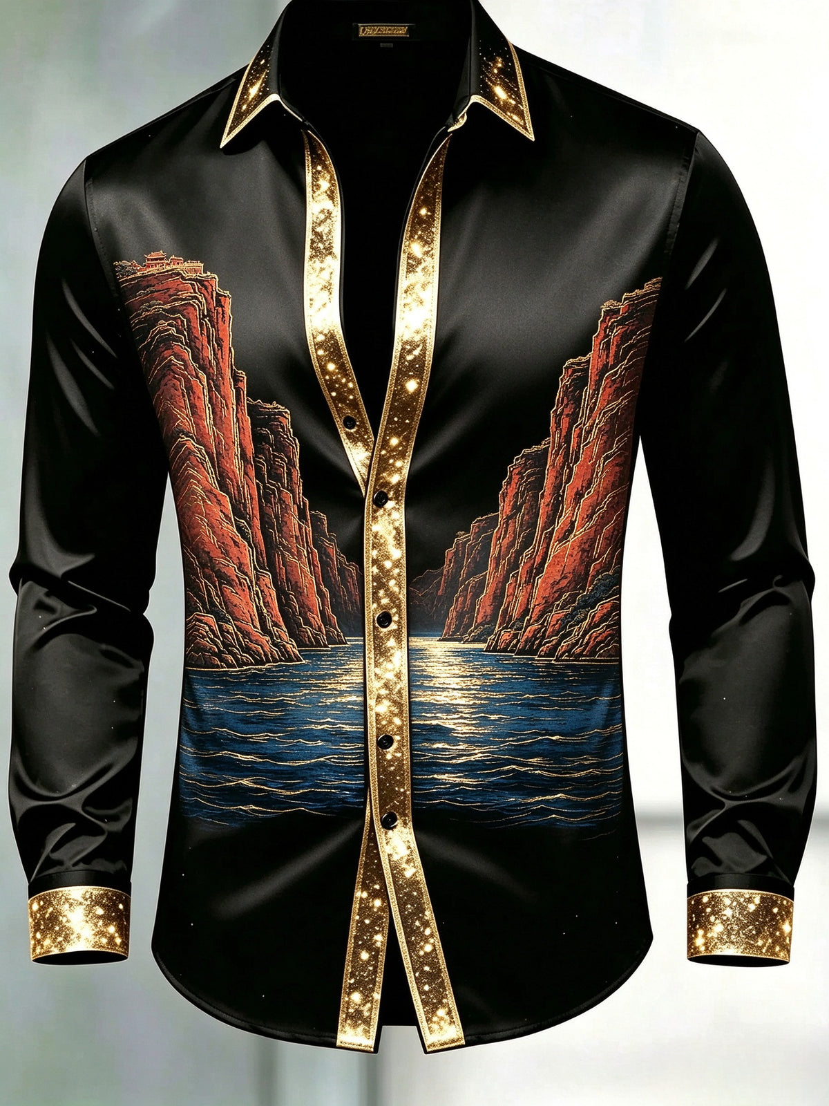 Men's Black & Gold Glitter Trim Red Cliff River Landscape Dress Shirt