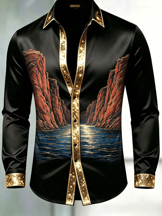 Men's Black & Gold Glitter Trim Red Cliff River Landscape Dress Shirt
