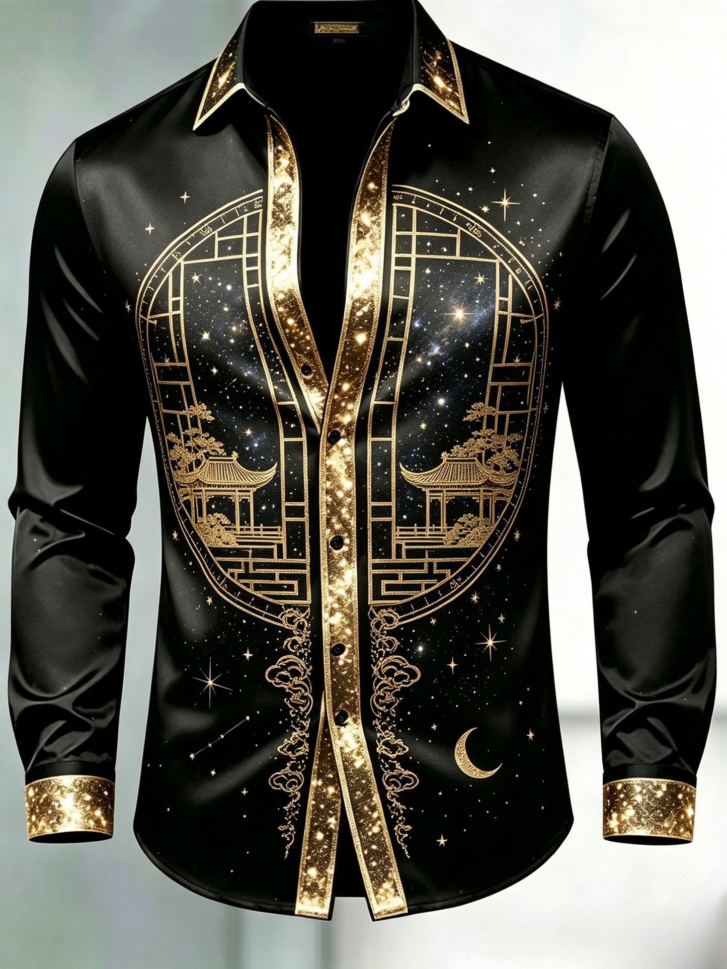 Men's Imperial Starry Black Silk Long Sleeve Shirt