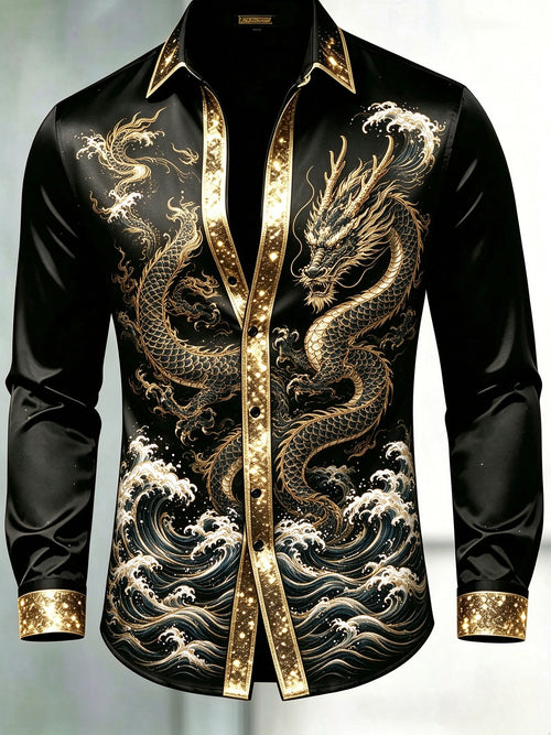 Men's Black & Gold Glitter Trim Chinese Dragon Wave Dress Shirt
