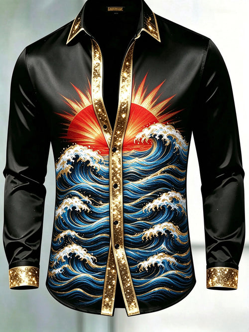 Men's Black & Gold Glitter Trim Sunrise Ocean Wave Dress Shirt