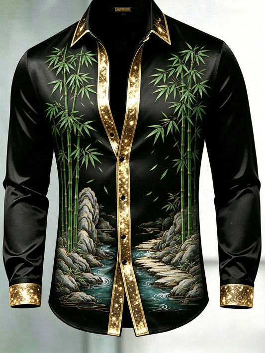 Men's Black & Gold Glitter Trim Chinese Bamboo Stream Dress Shirt