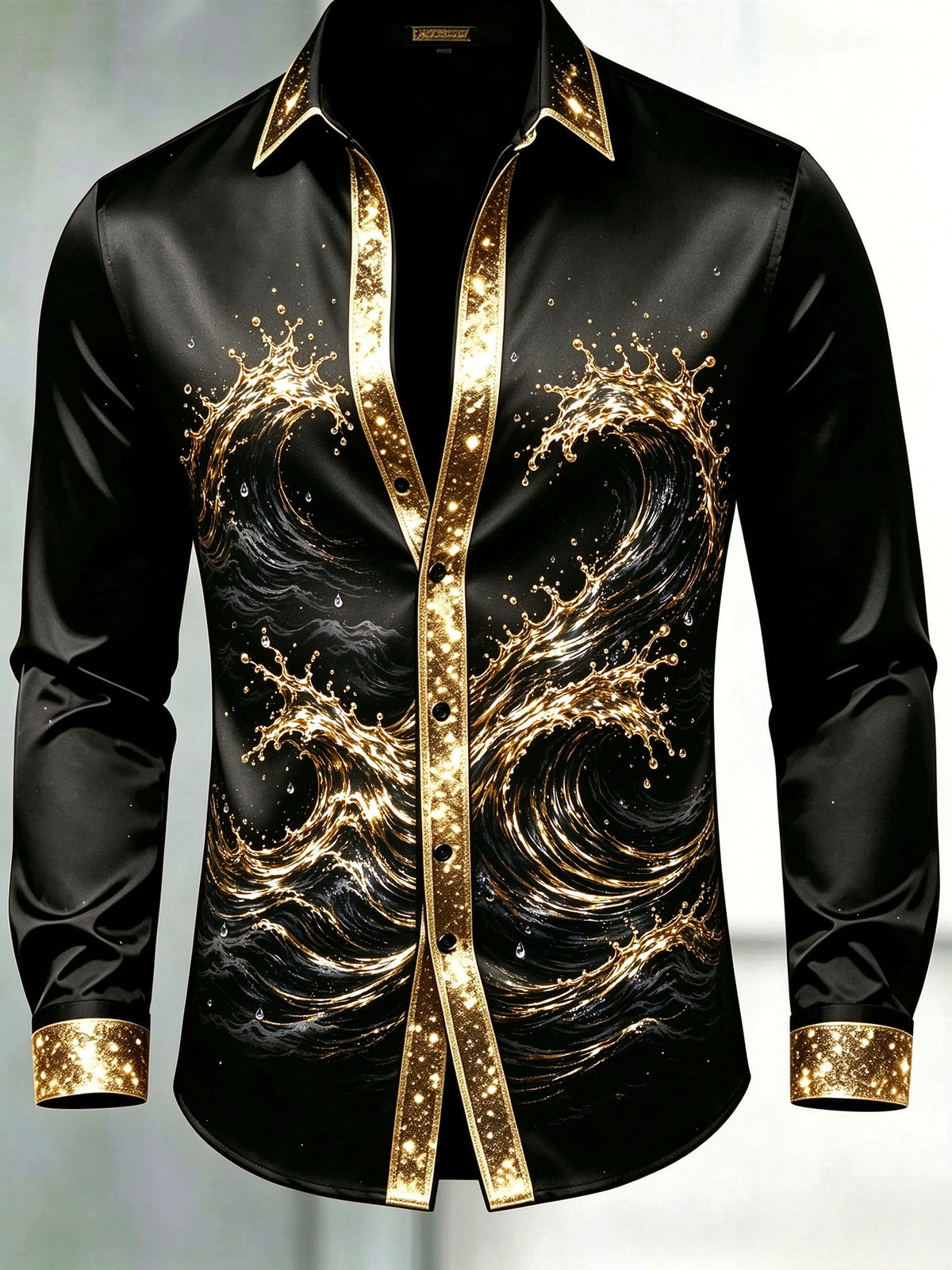 Men's Black & Gold Glitter Trim Golden Splash Wave Dress Shirt