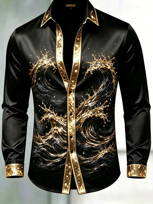Men's Black & Gold Glitter Trim Golden Splash Wave Dress Shirt