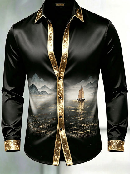 Men's Black & Gold Glitter Trim Sailboat Mountain Lake Dress Shirt