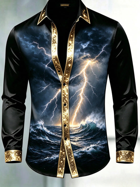 Men's Black & Gold Glitter Trim Lightning Ocean Wave Dress Shirt