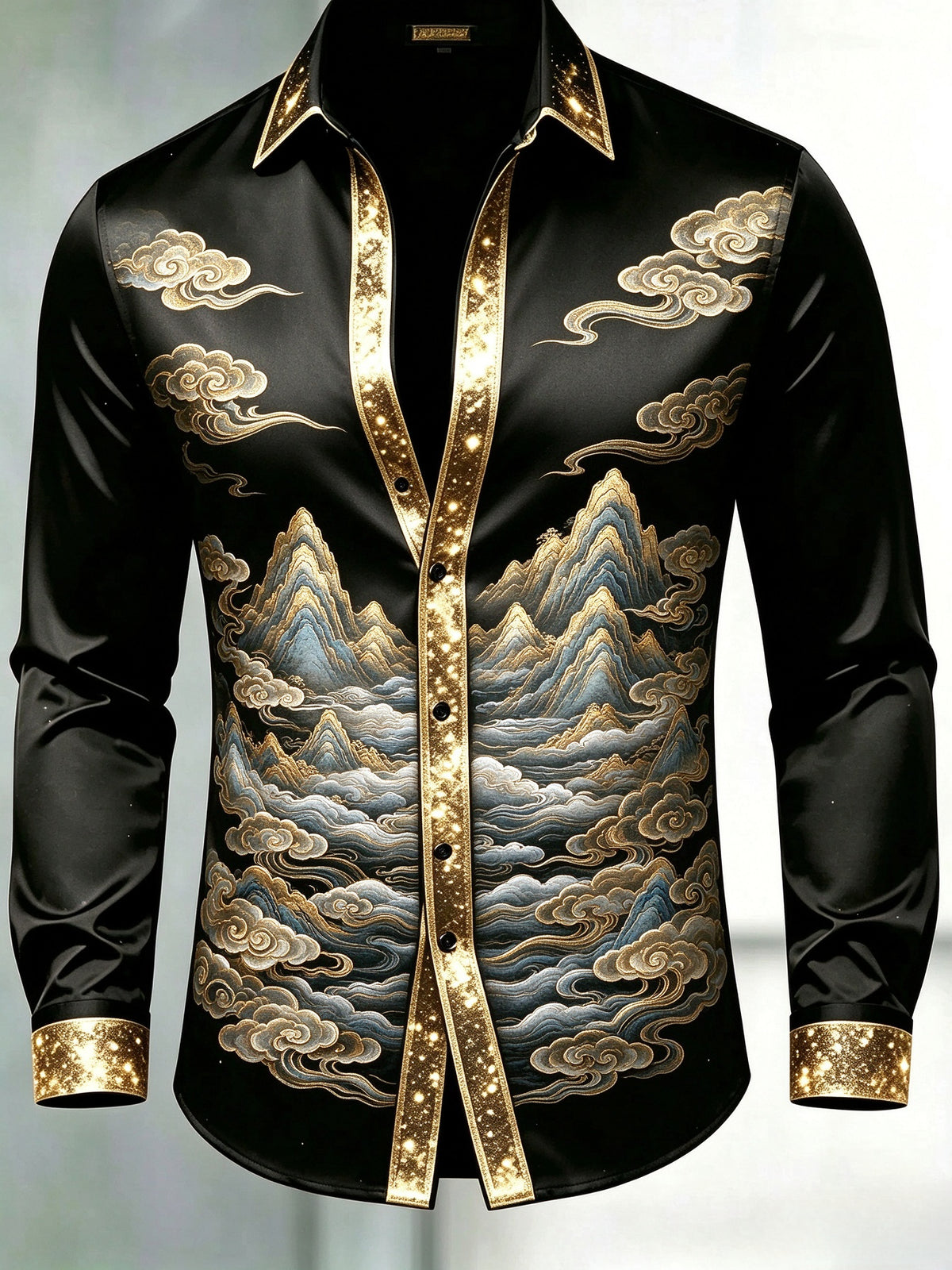 Men's Black & Gold Glitter Trim Chinese Cloud Mountain Dress Shirt