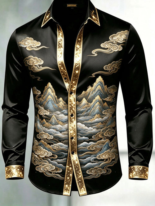 Men's Black & Gold Glitter Trim Chinese Cloud Mountain Dress Shirt