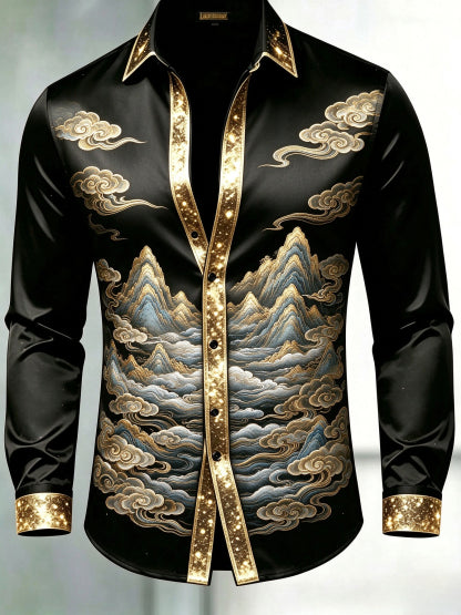 Men's Black & Gold Glitter Trim Chinese Cloud Mountain Dress Shirt