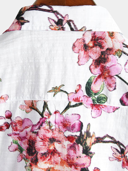 Men's Flower Print Cotton Hawaiian Floral Button Short Sleeve Shirt