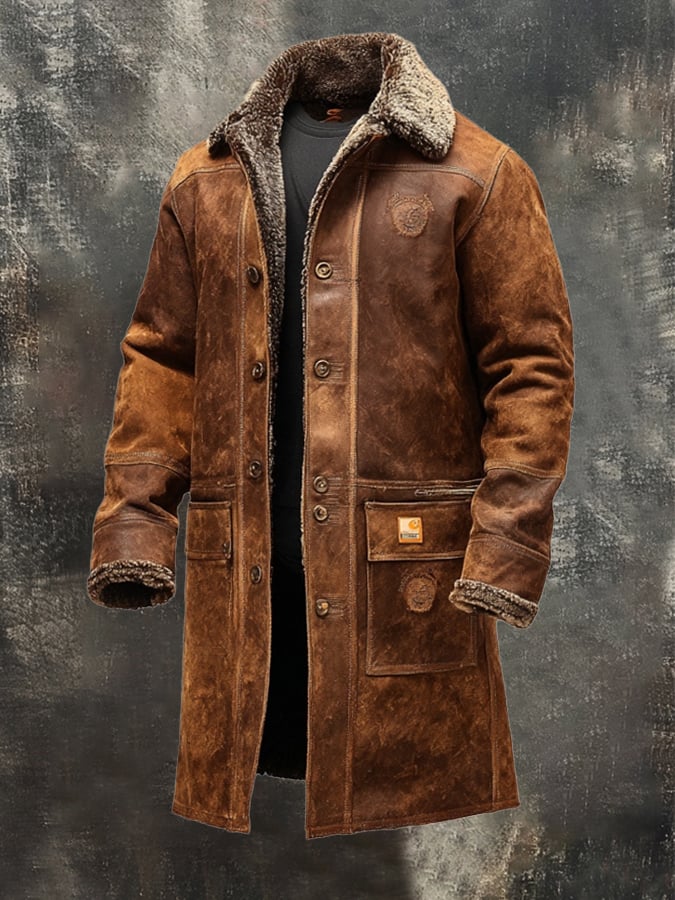 Men's Vintage Distressed Suede and Lambskin Long Coat