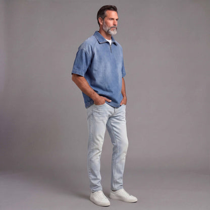Men's Distressed Denim Short-Sleeve Shirt With Zipper Collar