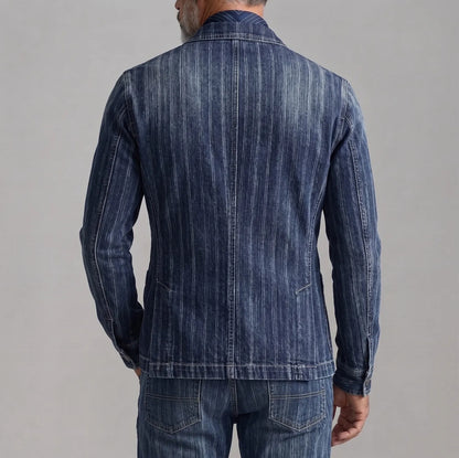 Men's Navy Blue Striped Denim Peak Lapel Asymmetric Single Breasted Blazer