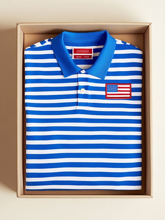 Men's Business American Flag Striped Short Sleeve Polo Shirt