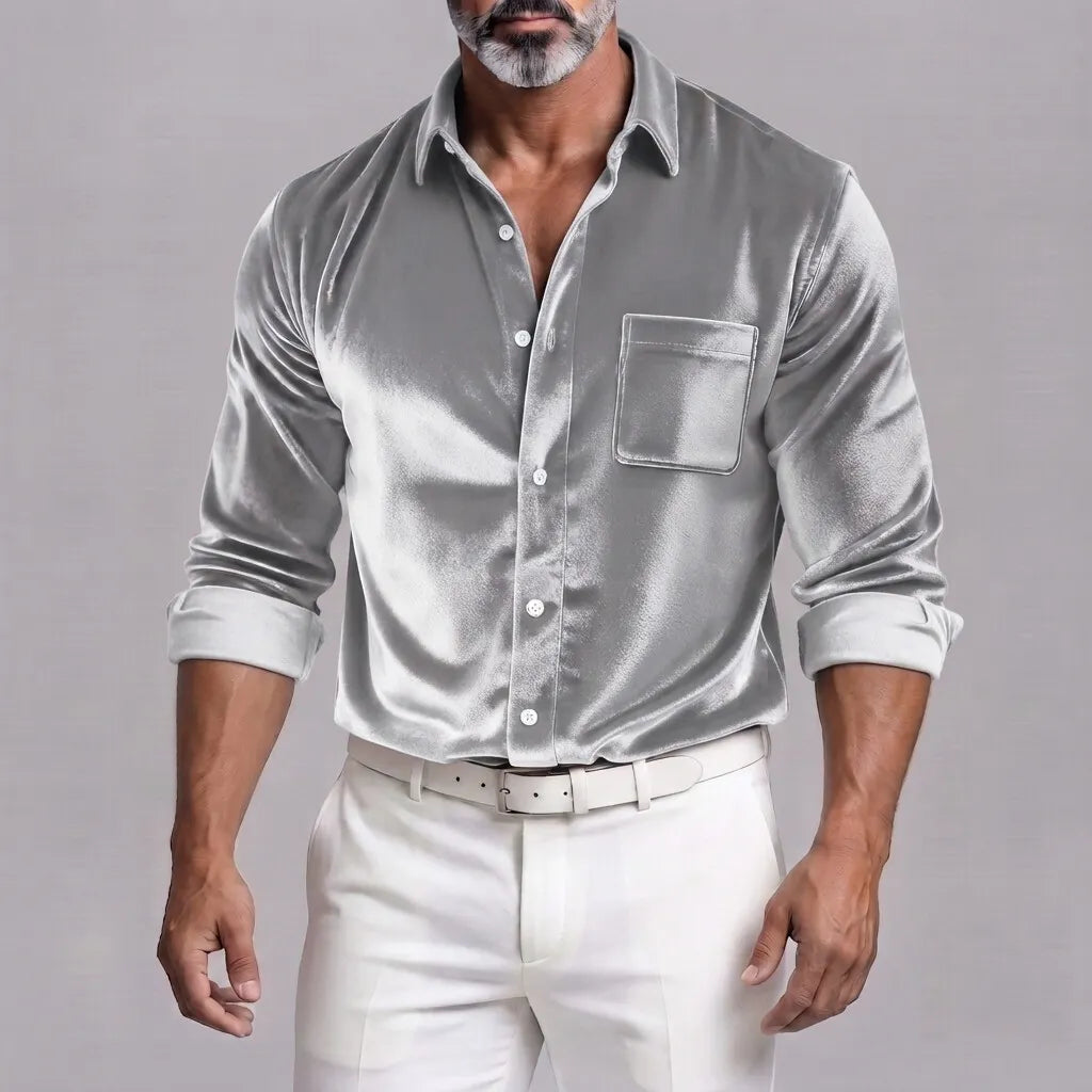 Men's Velvet Solid Color Button-Down Chest Pocket Long Sleeve Shirt
