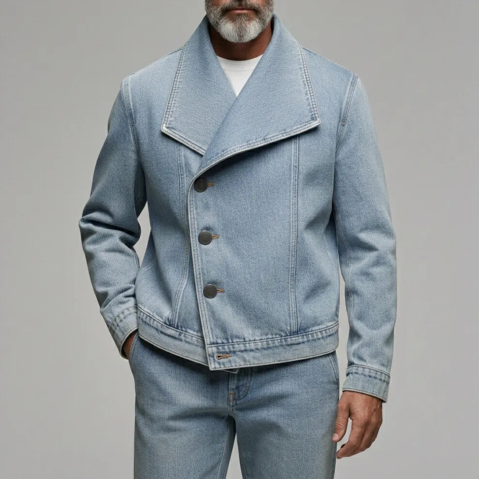 Men's Casual Light Blue Asymmetric Single Breasted Lapel Collar Denim Jacket