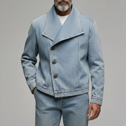 Men's Casual Light Blue Asymmetric Single Breasted Lapel Collar Denim Jacket