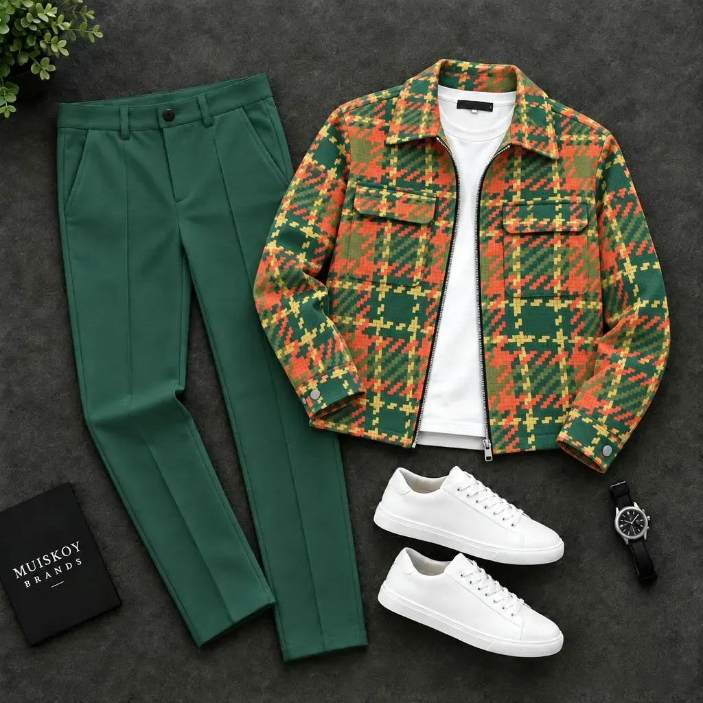 Men's Checkered Two-Piece Set with Double-Pocket Jacket and Pants