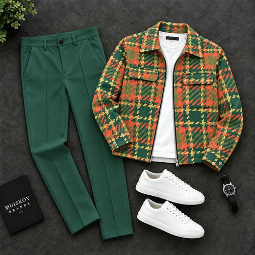 Men's Checkered Two-Piece Set with Double-Pocket Jacket and Pants