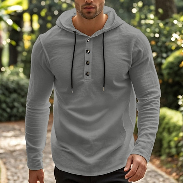 Men's Shirt Beach Wear Hooded Shirt Solid / Plain Color Street Going out Black White Khaki Gray Long-Sleeve Hooded Summer Clothing Apparel Adjustable Drawstring Hood