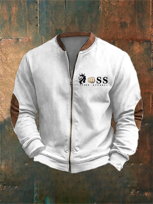 Men's Vintage Letter Design Printed Zipper Stand Collar Cardigan
