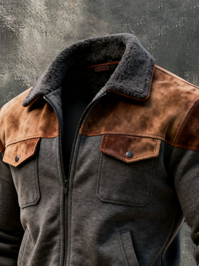 Men's Retro Stitching Contrast Color Fur Collar Jacket