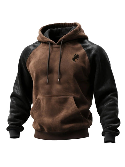 Men's Winter Horseback Riding Print Contrast Color Stitching Hooded Sweatshirt