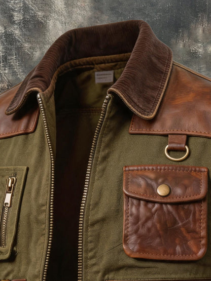 Men's Vintage Leather-Panel Multi-Pocket Outdoor Jacket
