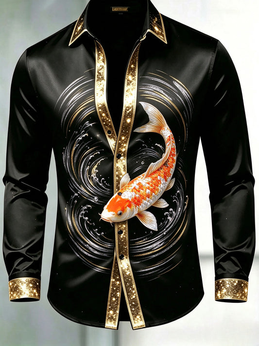 Men's Black & Gold Glitter Trim Koi Fish Wave Dress Shirt