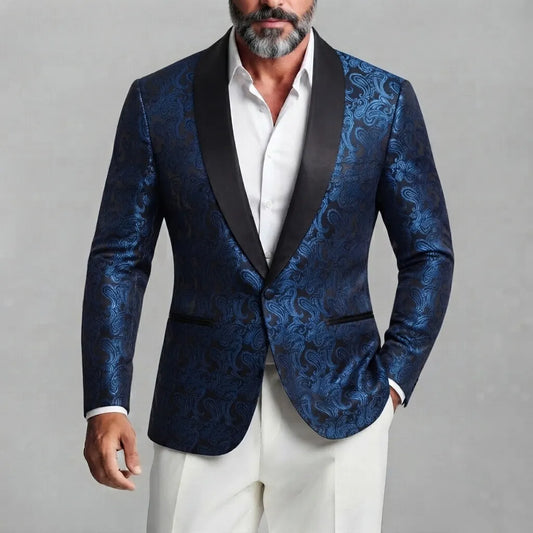Men's Party Royal Blue Paisley Pattern Contrast Shawl Lapel Slim Fit Blazer