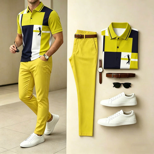 Men's Casual Yellow Navy Plaid Printed Polo Shirt & Pants Two-Piece Set